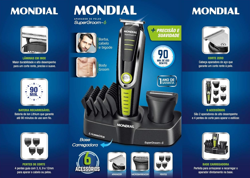 Aparador de Pelos Super Groom 06, Mondial, Preto/Verde, 6W, Bivolt - BG-04