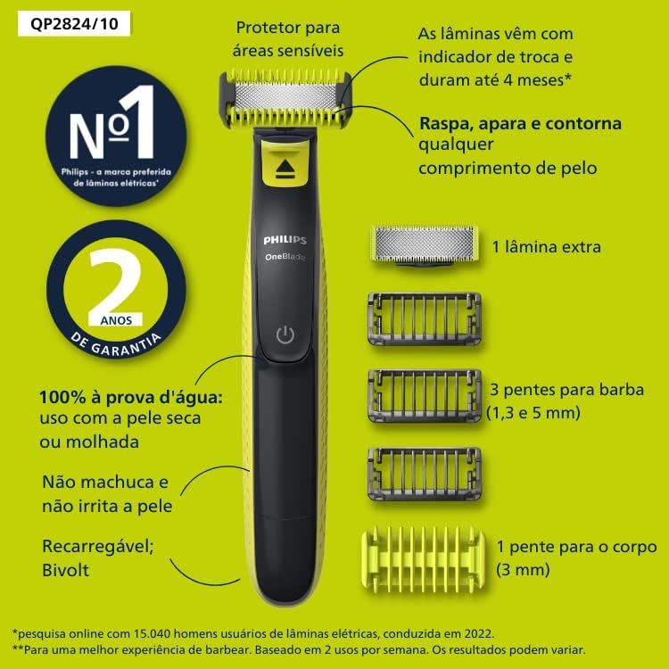 Aparador e raspador para rosto e corpo OneBlade com 4 pentes, à prova d’água, bivolt - QP2824/10 Philips